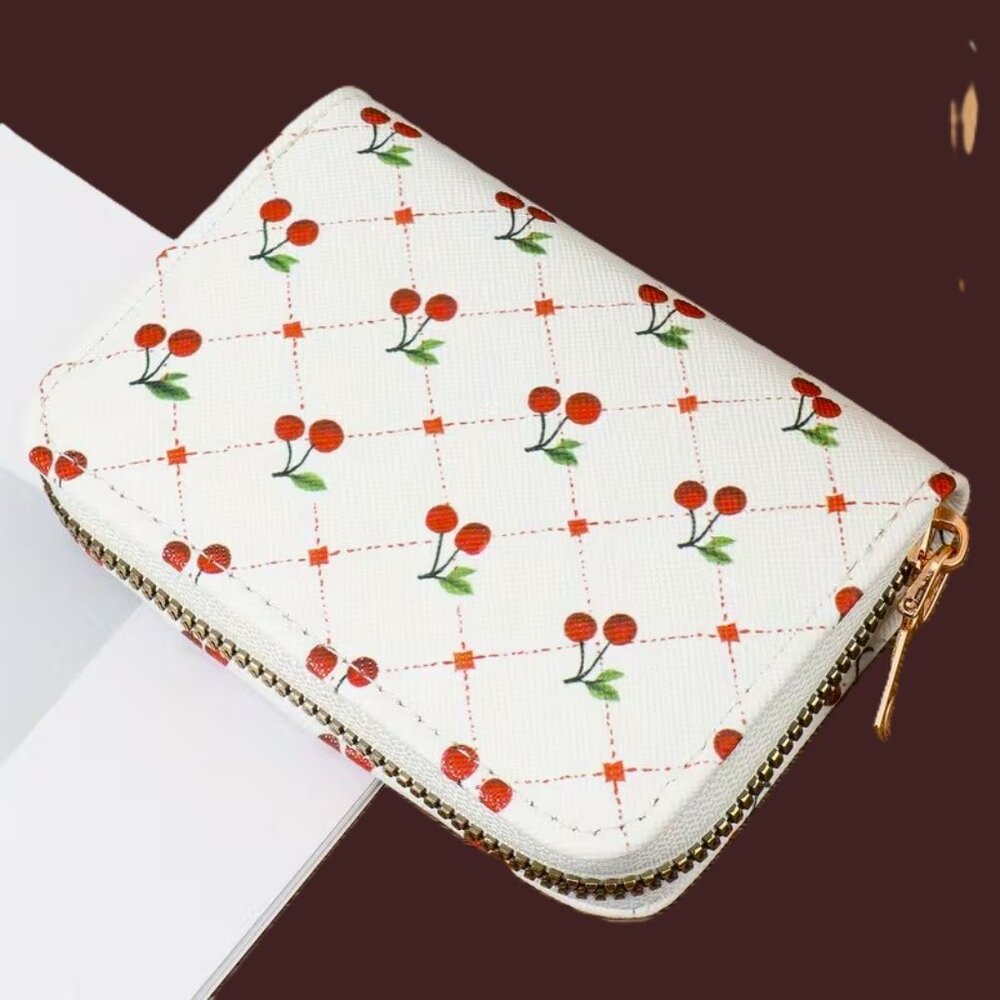 Cherry Print Zipper Card Holder Wallet Accordion Organizer Multi Slot Cute Mini - Picture 3 of 5